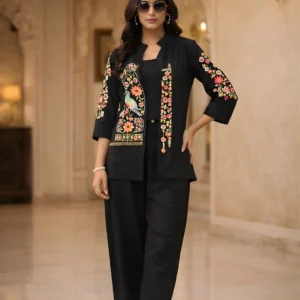 Luxury black embroidered co-ord set with floral jacket and straight pants front view