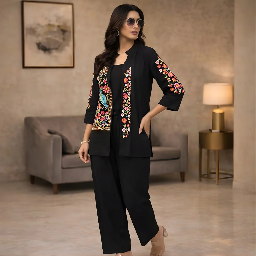 Stylish black co-ord set with embroidered jacket side pose