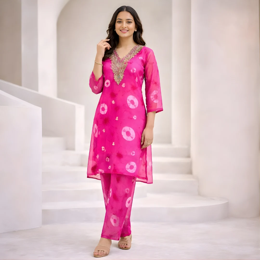 Pink embroidered kurta pant co-ord set with bandhani print front view