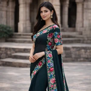 Deep teal floral designer saree front view with elegant embroidered border