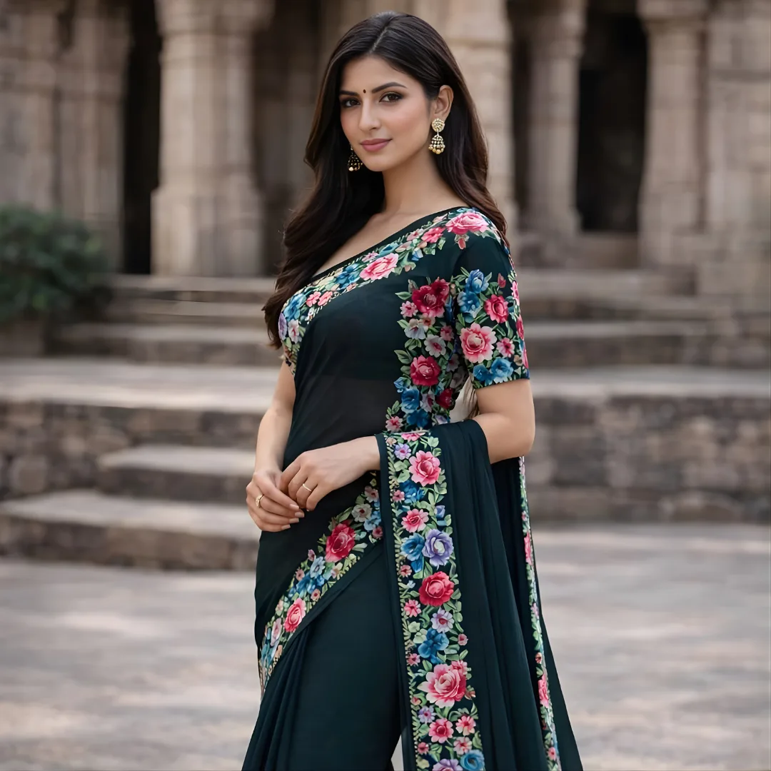 Deep teal floral designer saree front view with elegant embroidered border