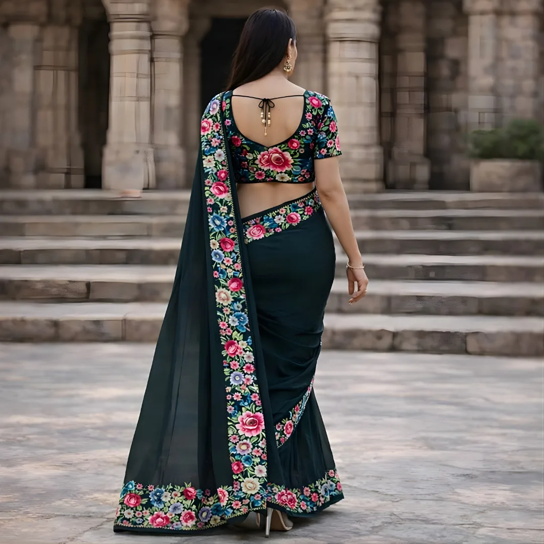 Back view of deep teal floral saree showing designer blouse pattern