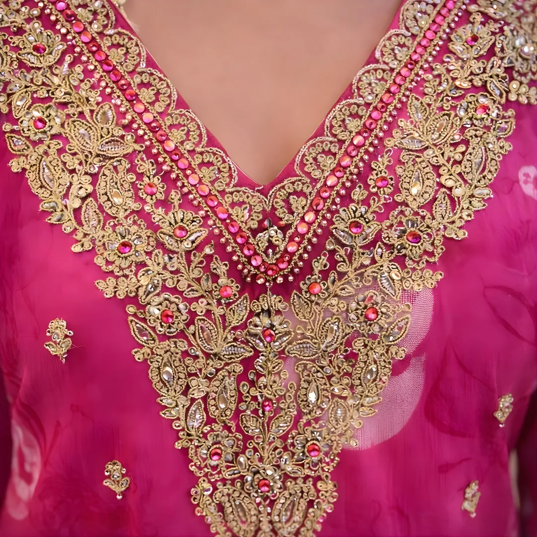 Gold embroidered neckline detail on pink kurta co-ord set
