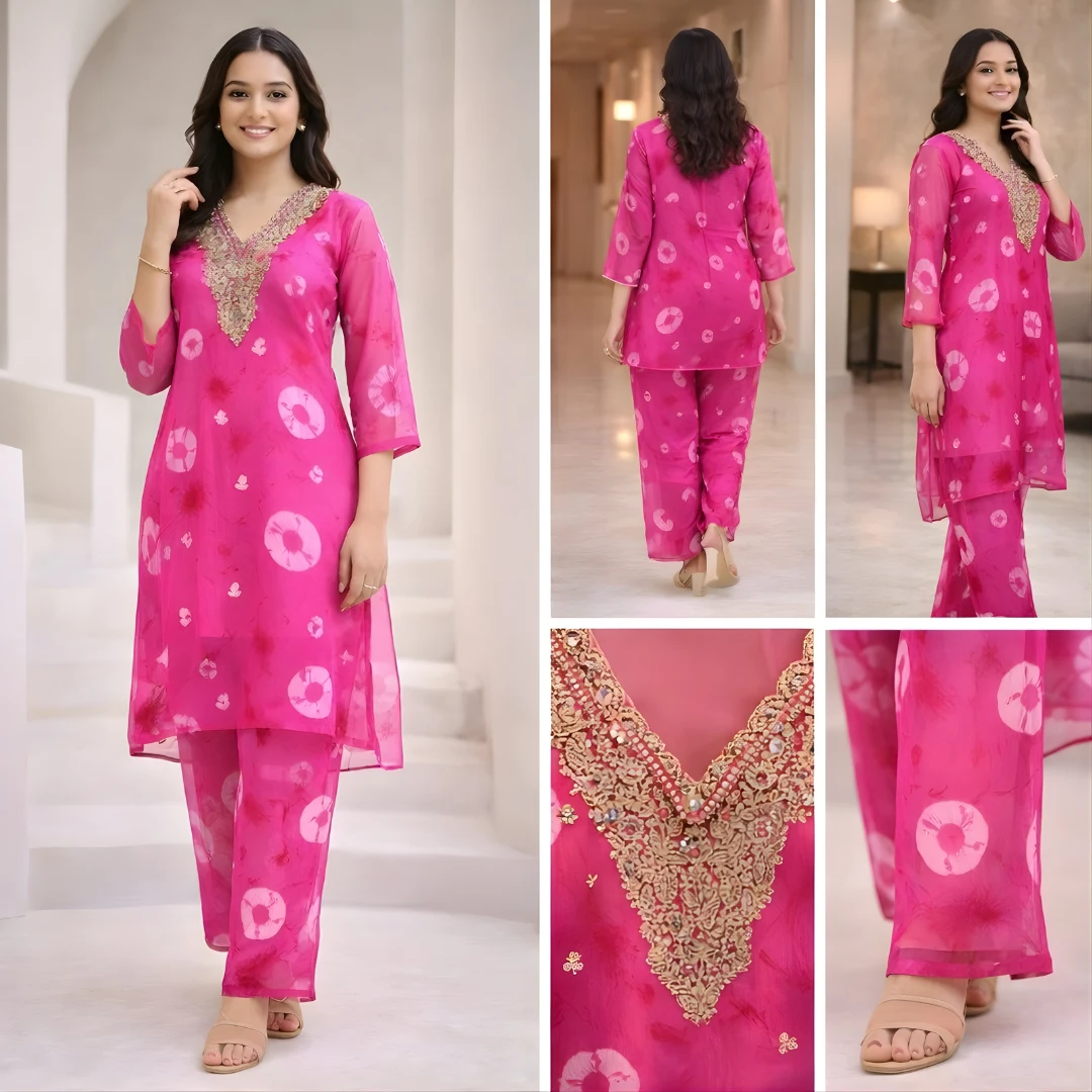 Pink kurta pant co-ord set front back and side views