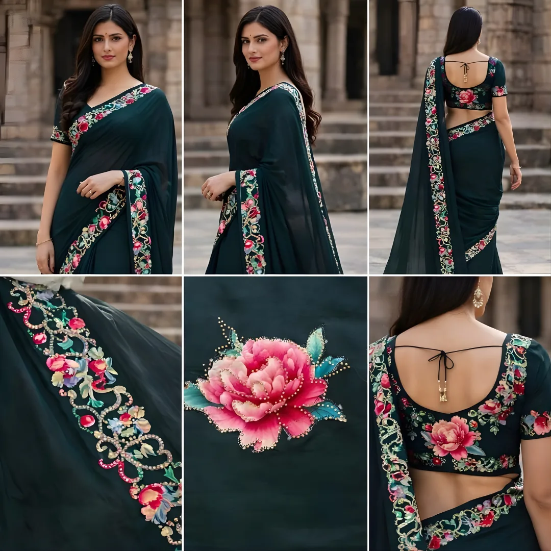 Multiple angle views of deep teal floral designer saree