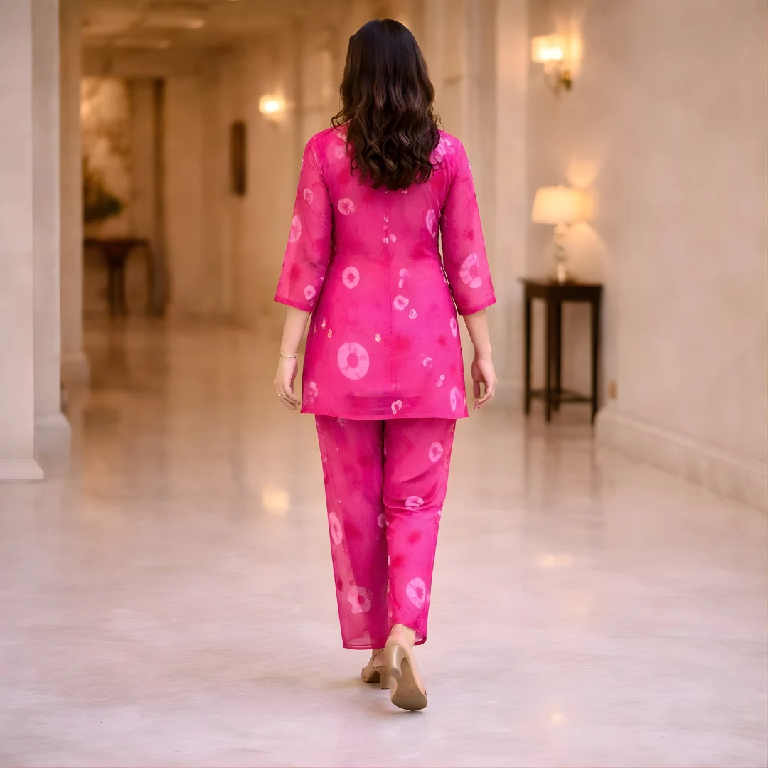 Back view of pink bandhani kurta pant co-ord set