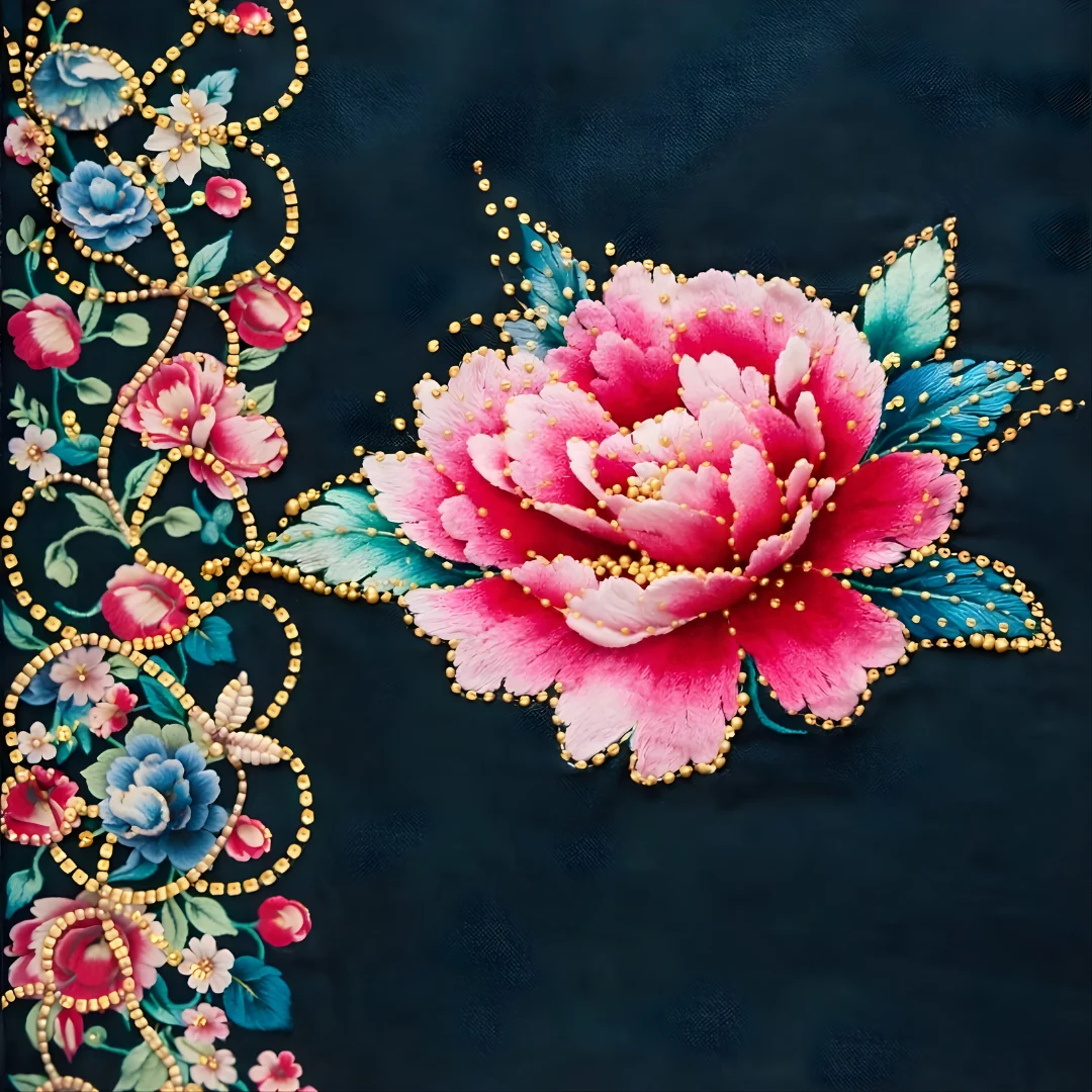 Floral embroidery and embellished border detail on deep teal saree