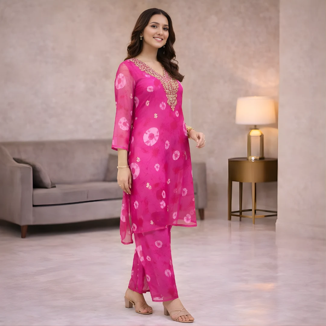 Pink embroidered kurta pant co-ord set side pose