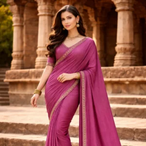 Luxury magenta purple silk saree with gold embroidered border worn by model, front view