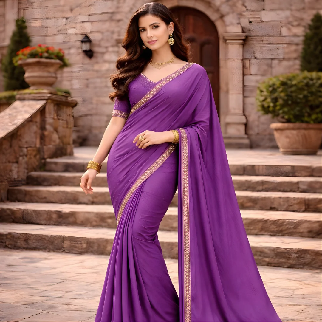 Luxury purple silk saree with gold embroidered border worn by model, front full view