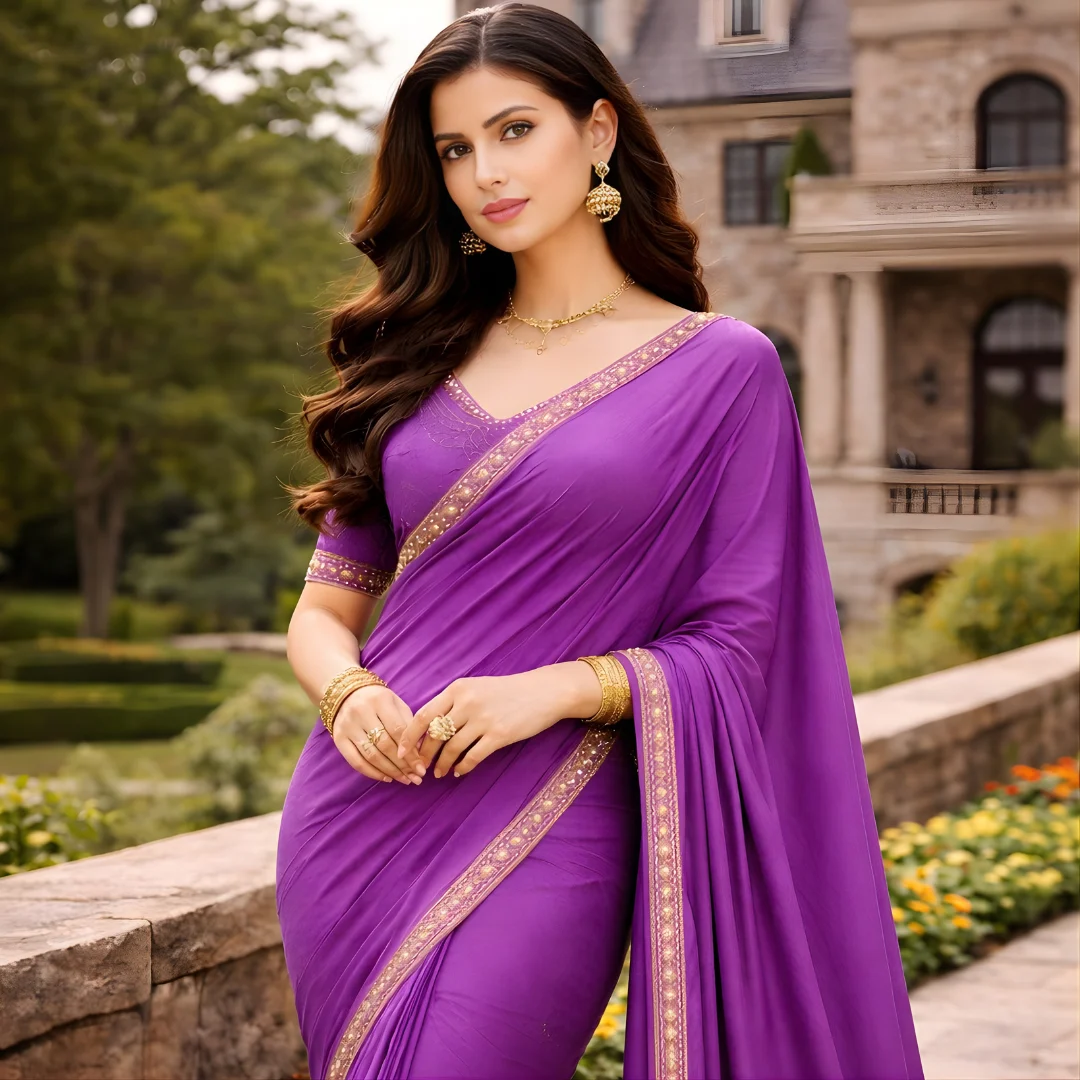Premium purple silk saree with gold border and designer blouse front pose