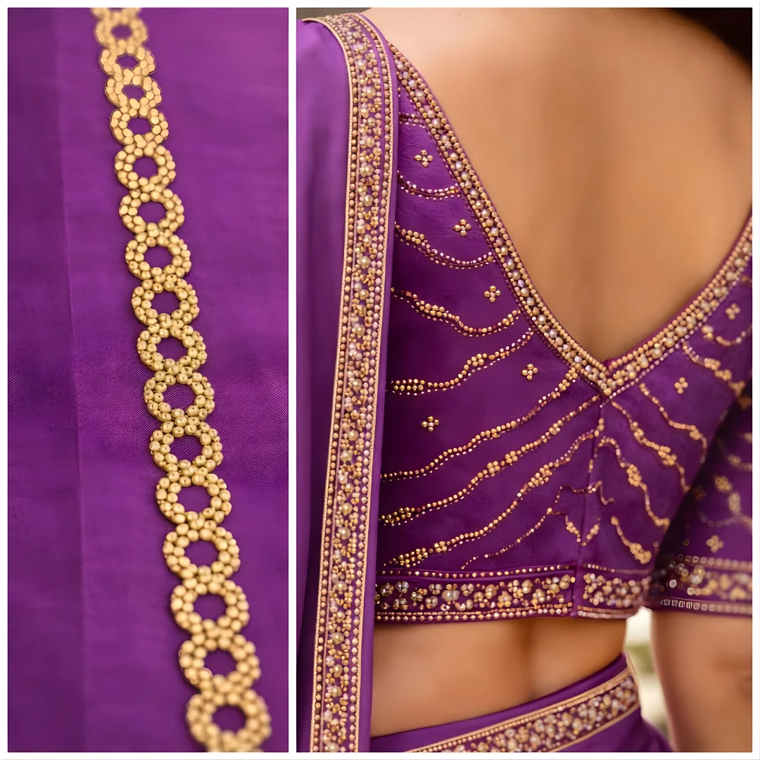 Gold embroidered border and pallu detail on luxury purple silk saree