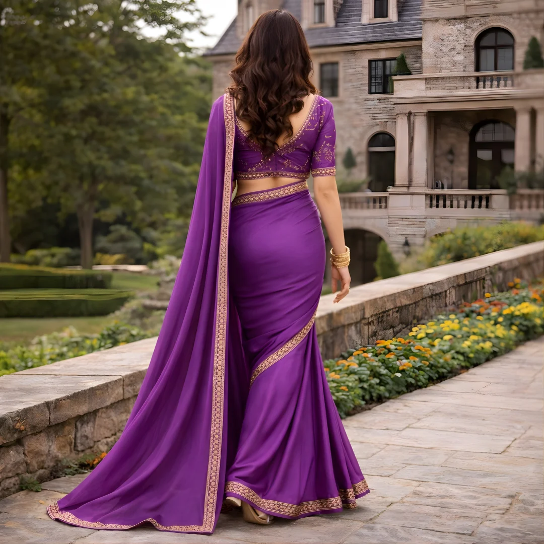 Back view of purple silk saree with embroidered designer blouse and pallu