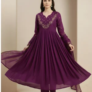 Wine purple embroidered anarkali kurta pant dupatta set for women