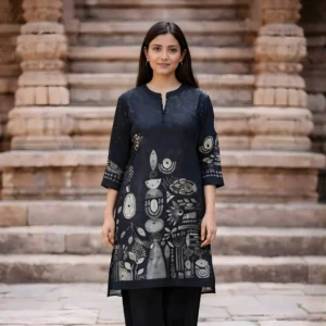 Black co ord set full front view with abstract print kurti and palazzo