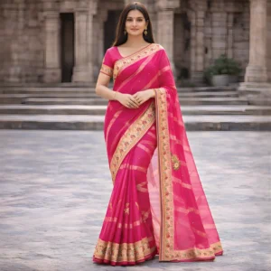 Rani pink saree full front view with floral border and gold stripes