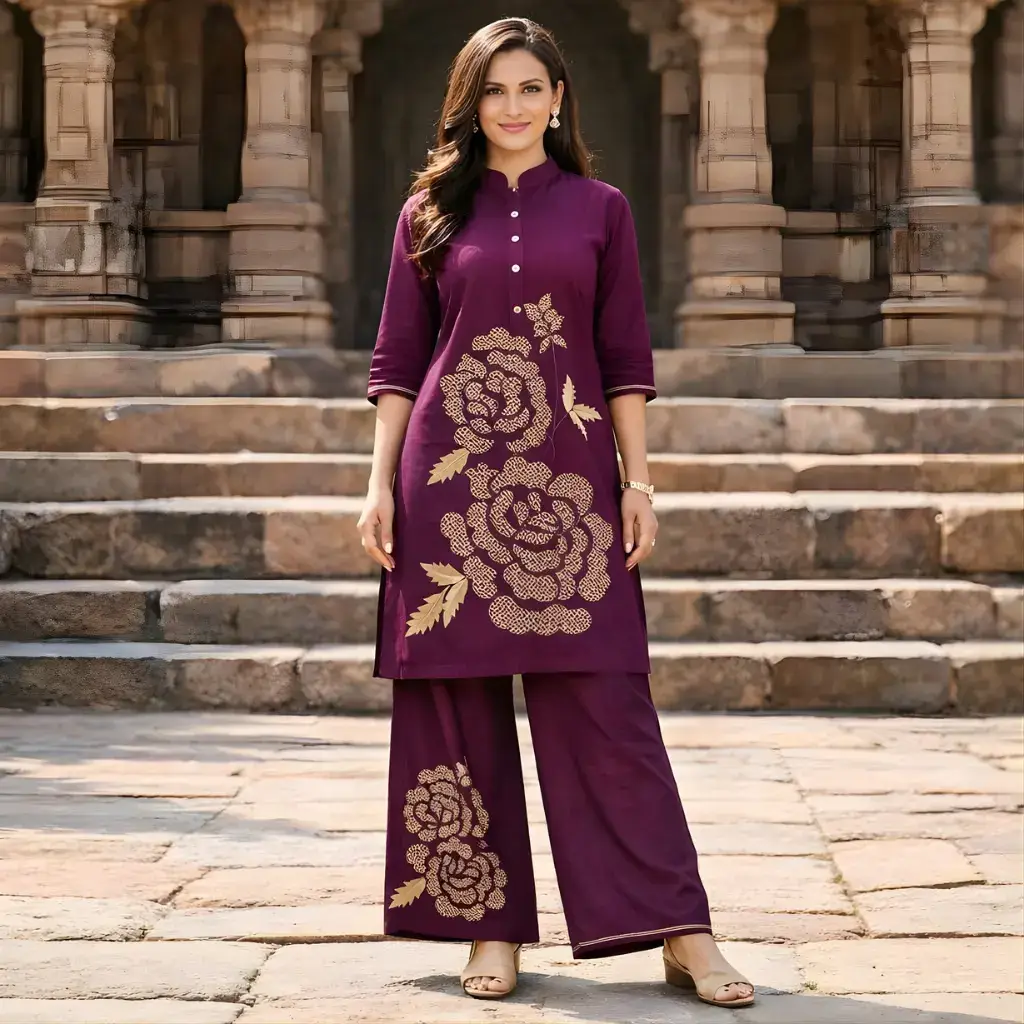 Wine co ord set for women with gold floral print kurti and palazzo