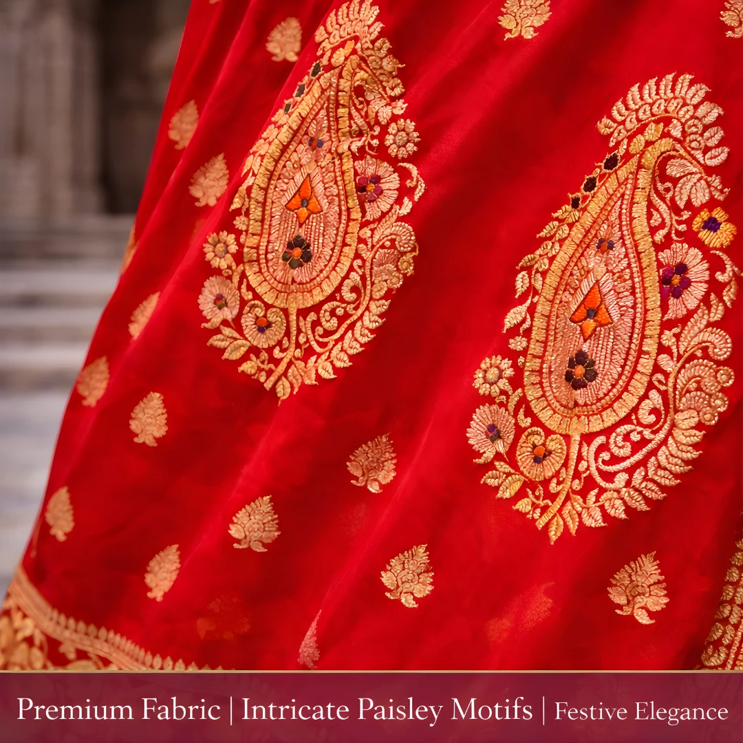 Red saree close up with gold paisley zari motifs