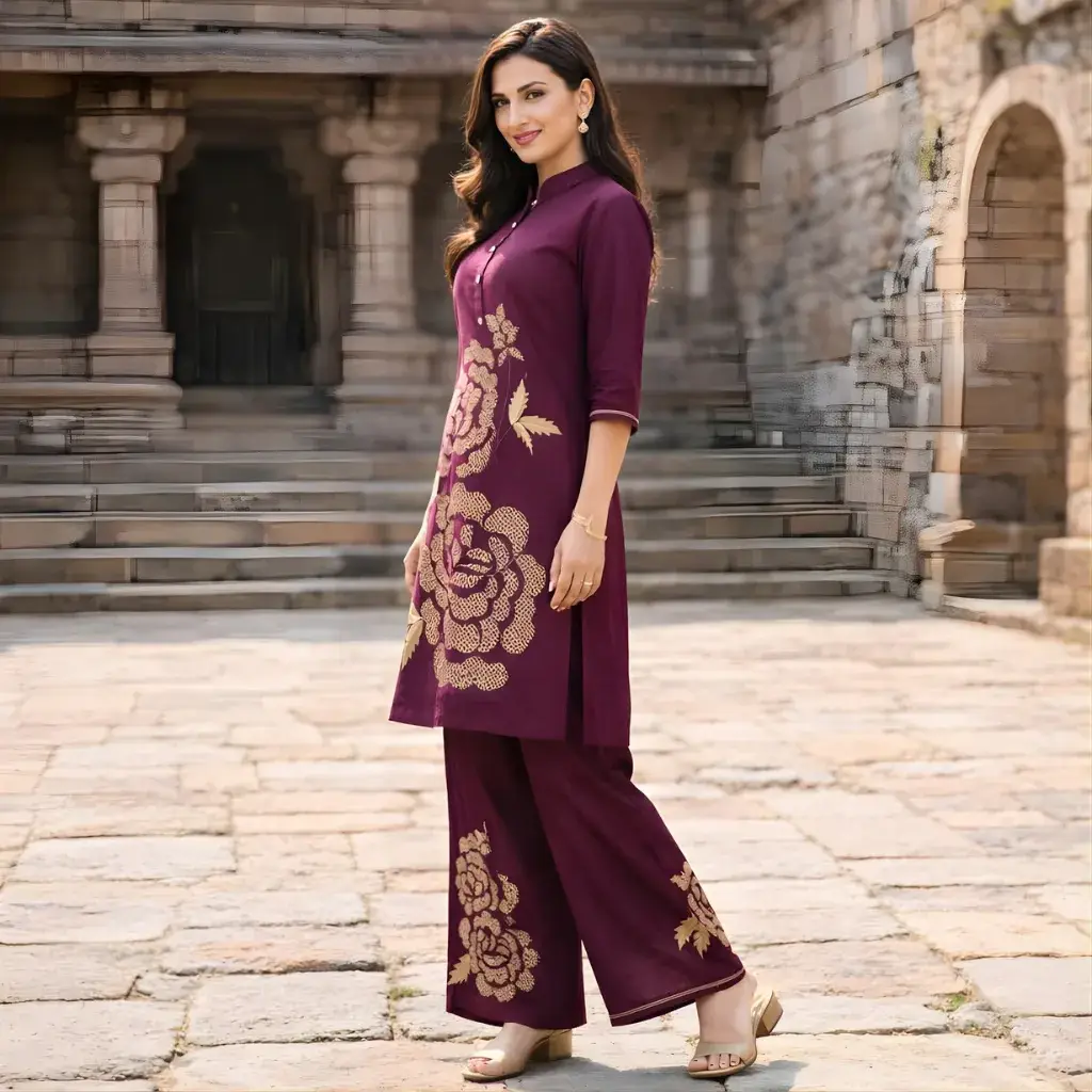 Wine co ord set side view with gold floral kurti and palazzo