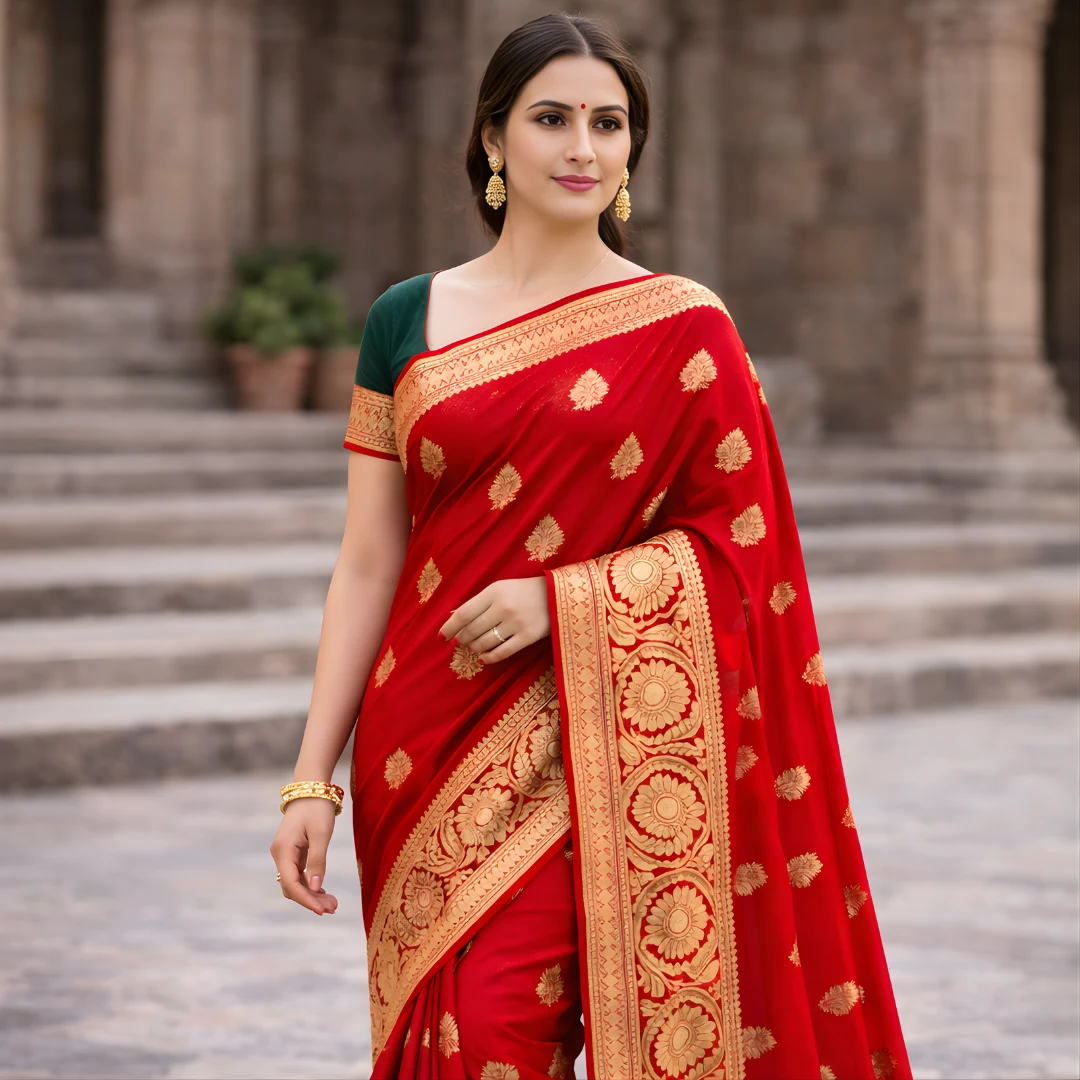 Red Banarasi saree with green blouse front pose