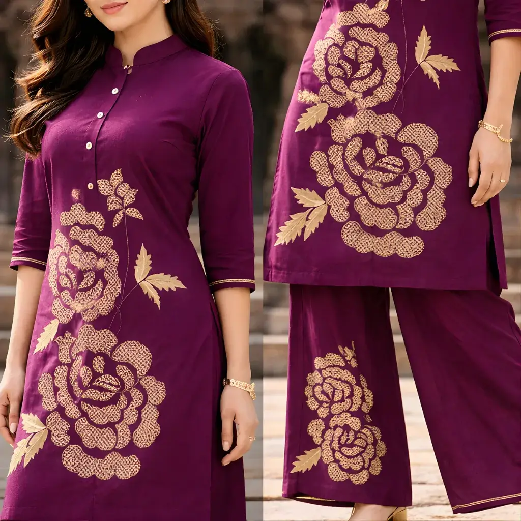 Wine co ord set collage showing kurti print and palazzo print details
