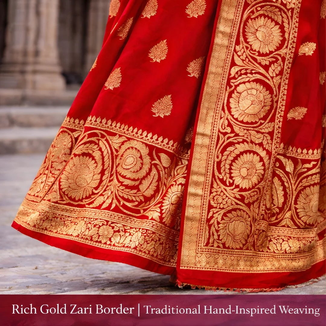 Red saree gold zari border close up floral design