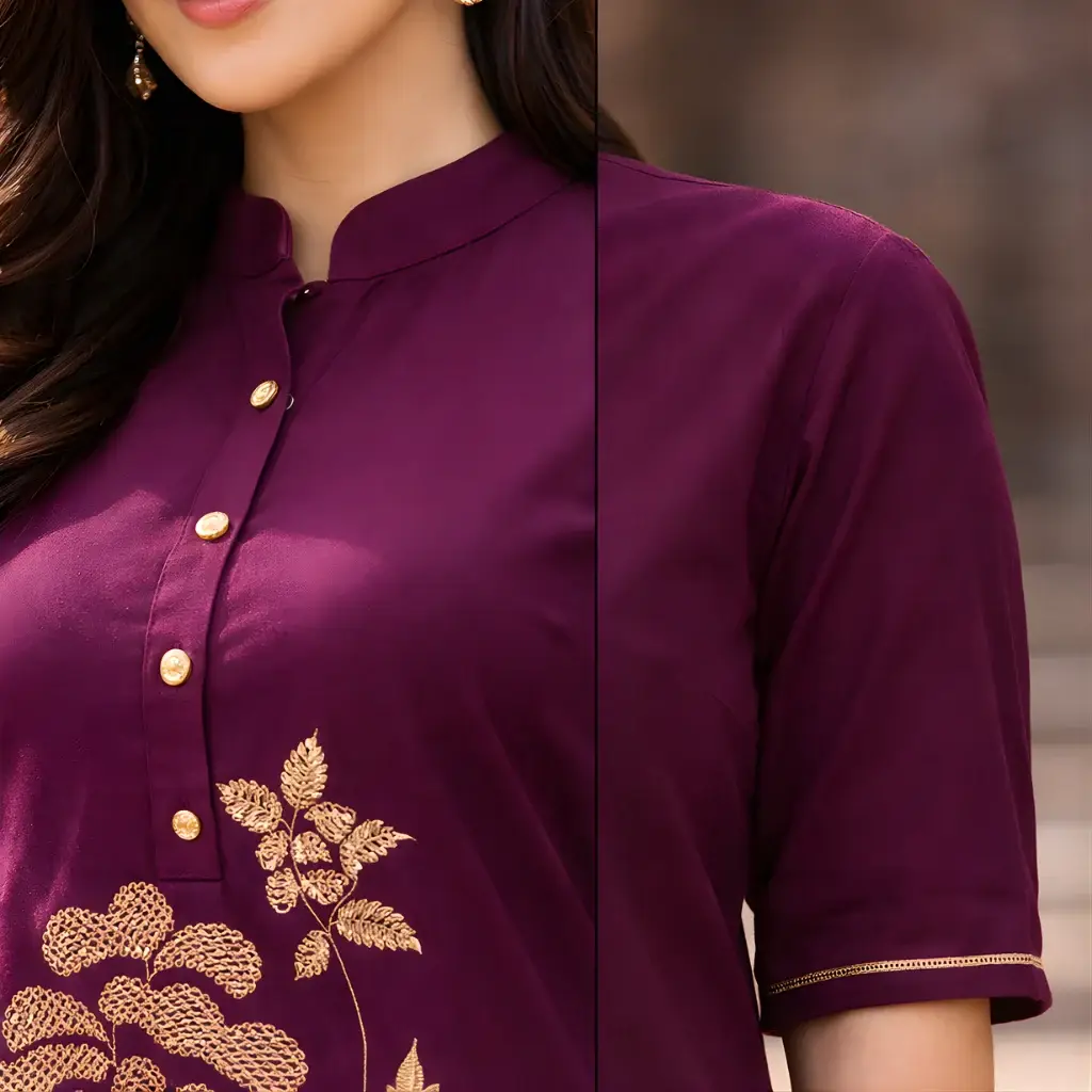 Wine kurti neckline close up with buttons and gold floral print