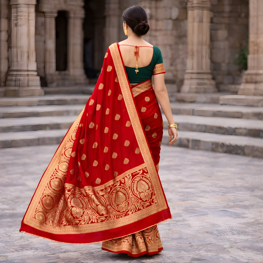 Red Banarasi saree back view with gold zari border