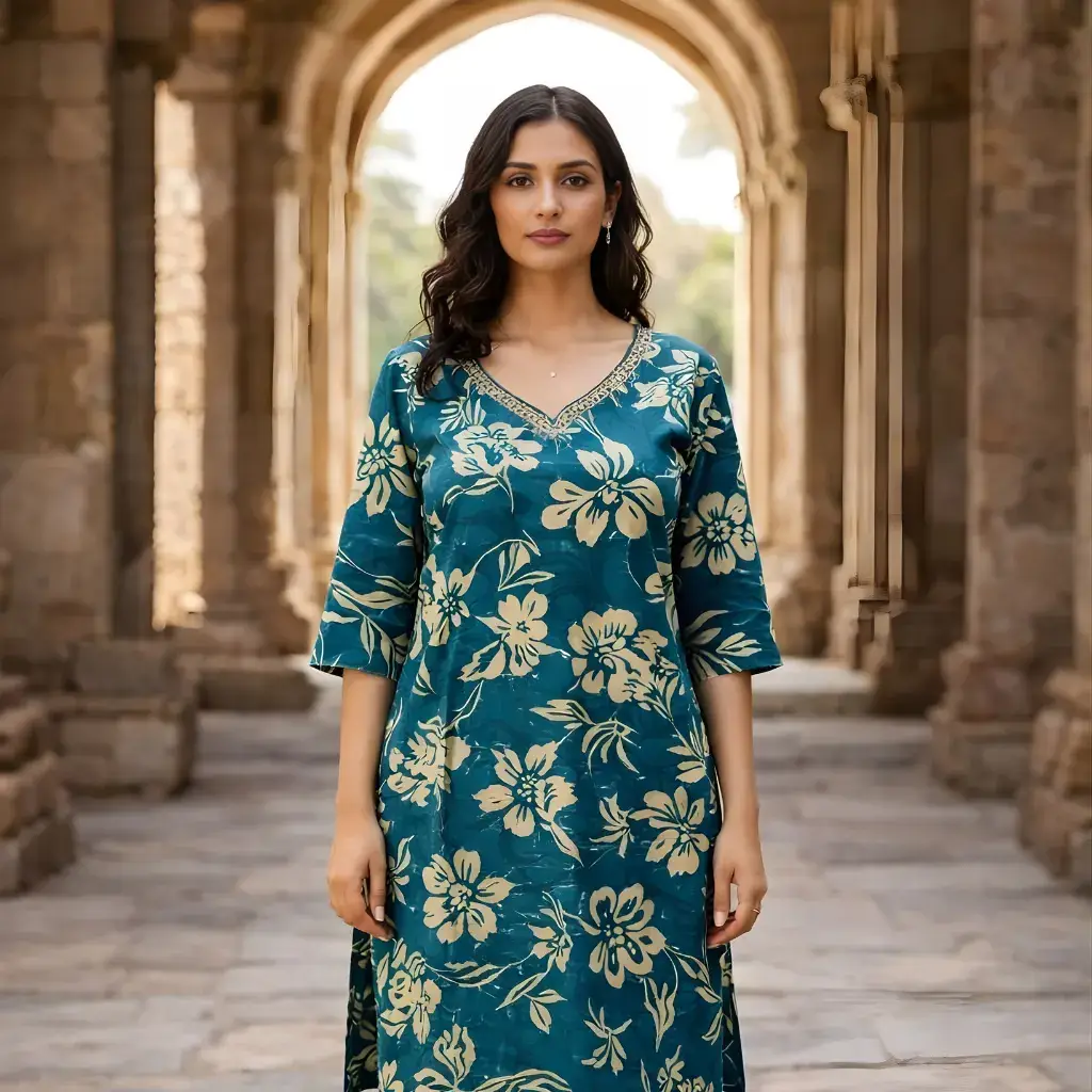 Teal co ord set for women floral printed kurti and pants full look