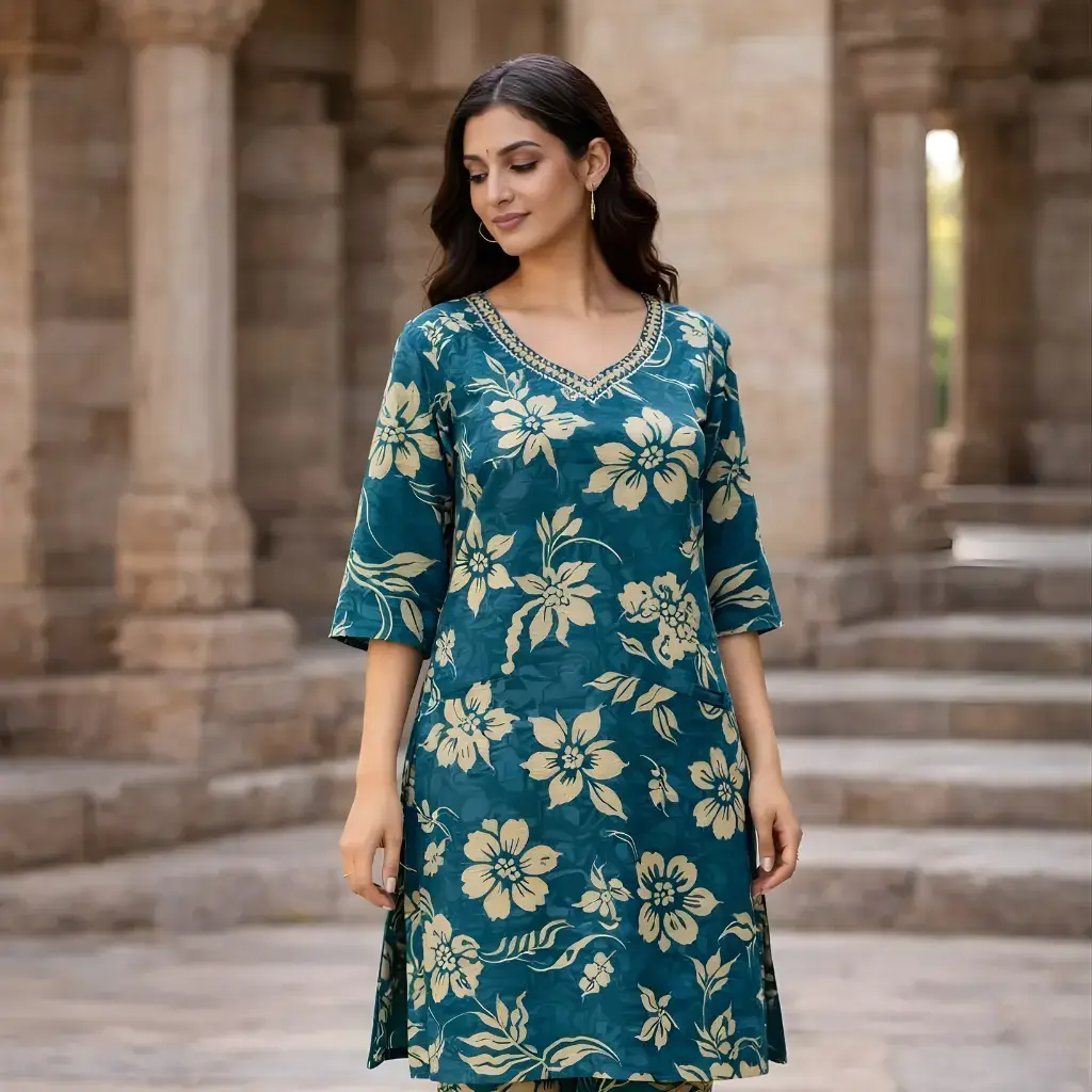 Teal floral printed kurti pants co ord set front pose for women