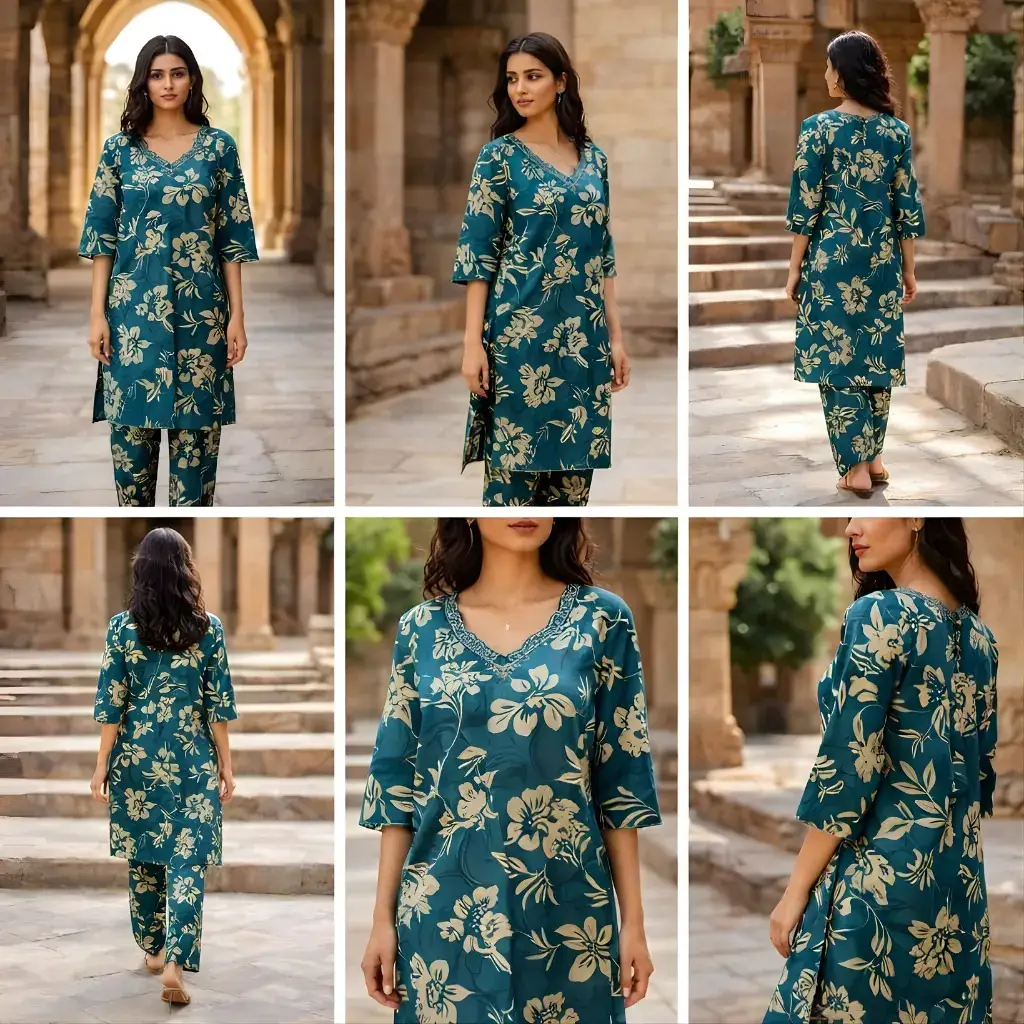 Teal floral co ord set collage showing front side back and neckline details