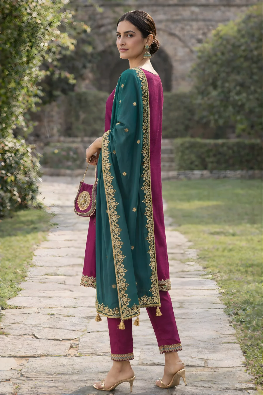 Wine purple co ord set with teal green embroidered dupatta back view