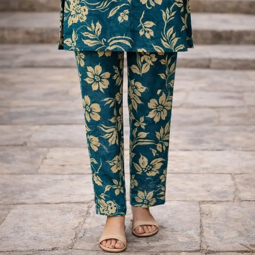 Teal floral printed pants close up for women co ord set