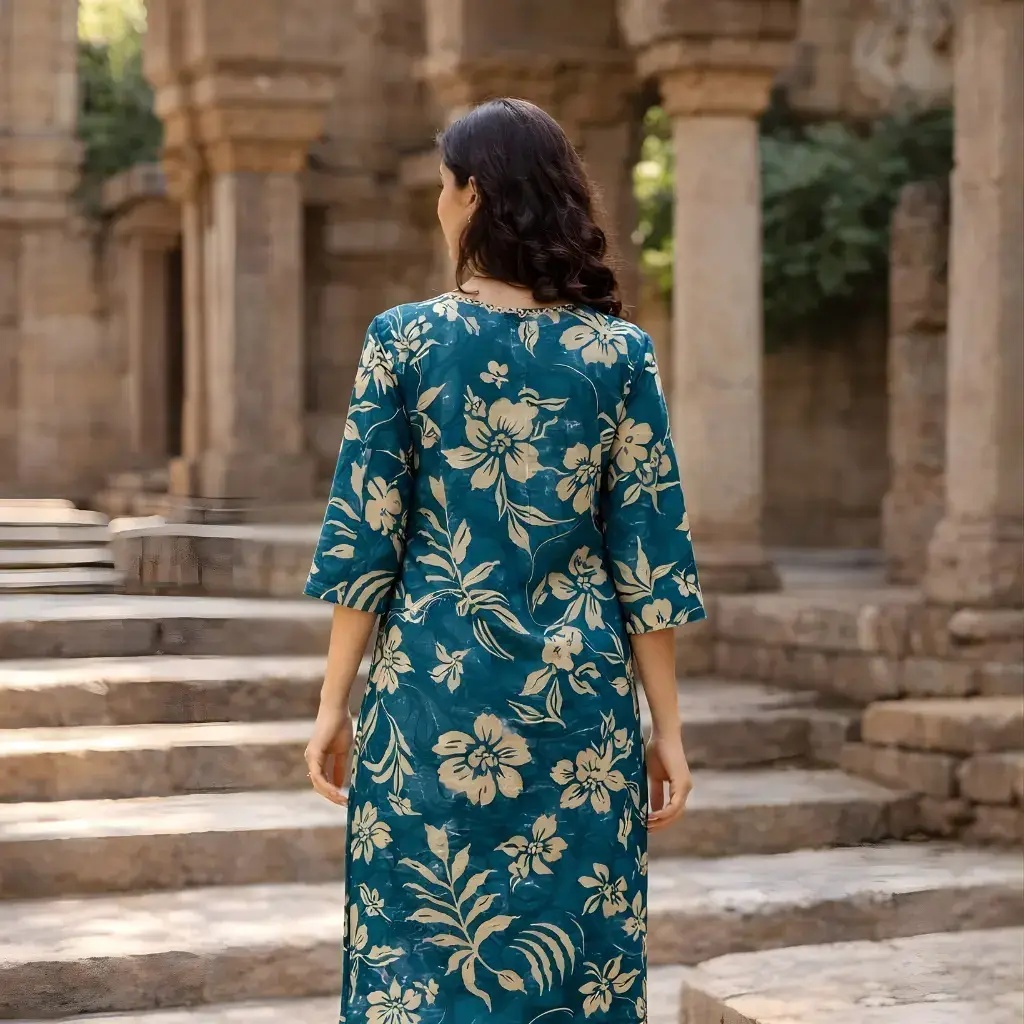 Teal floral co ord set back view kurti and pants for women