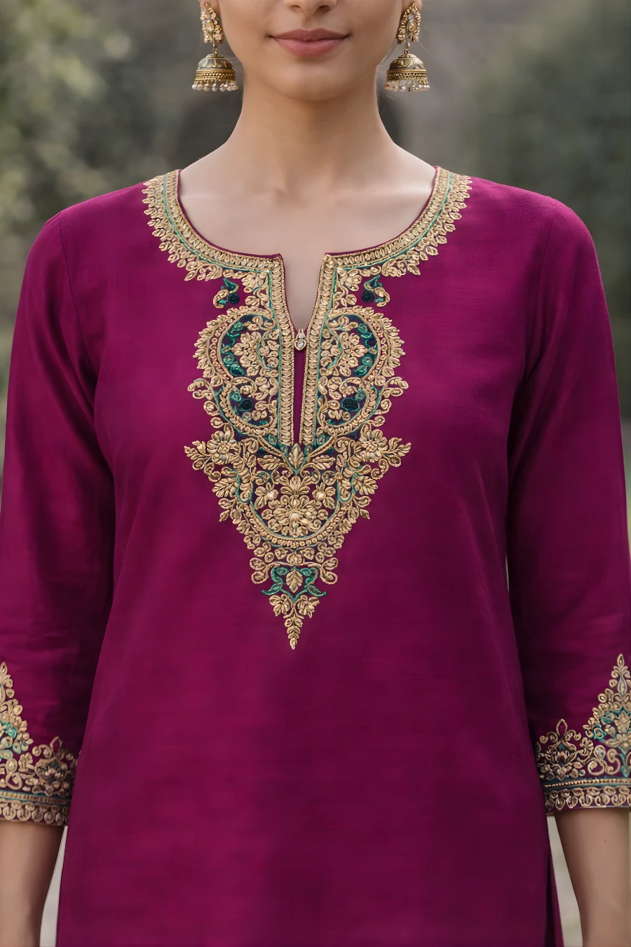Detailed close-up of the kurta sleeve showcasing fine gold embroidery with green accents, reflecting premium craftsmanship and ethnic elegance.