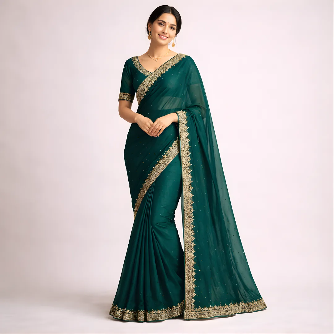 Dark green embroidered saree with gold border front view
