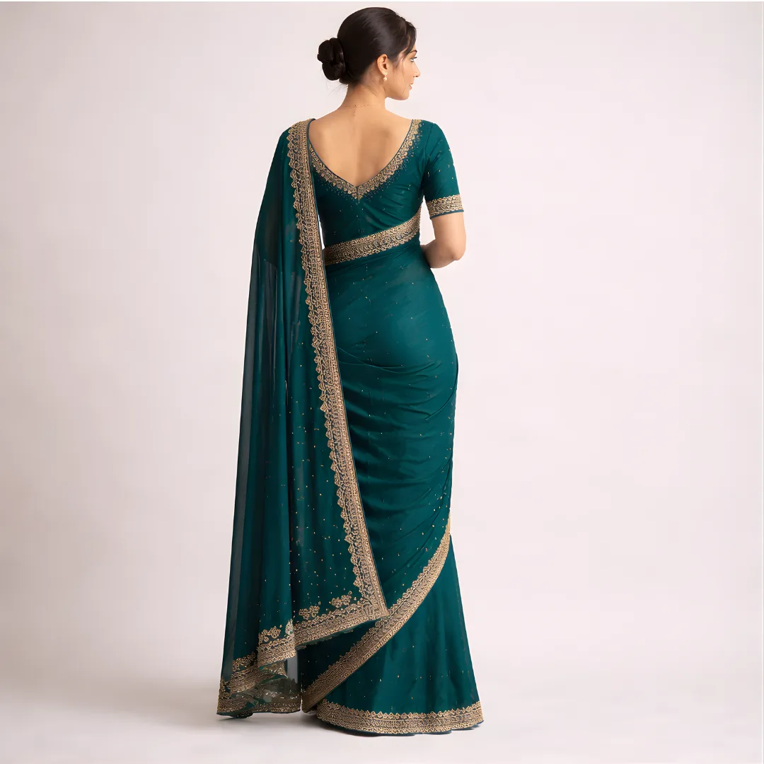 Dark green saree back view with embroidered blouse design