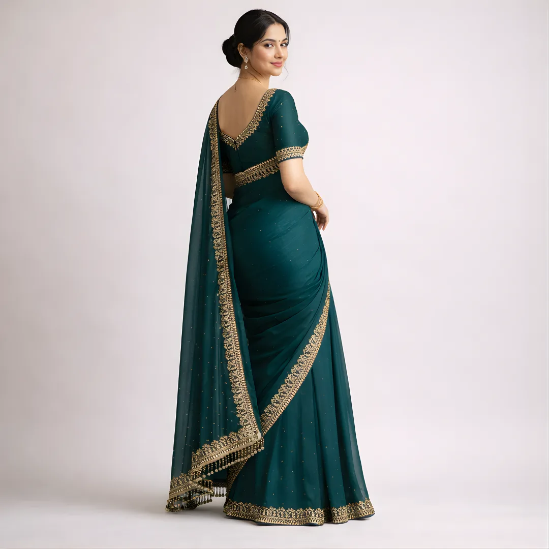 Dark green saree back angle drape view