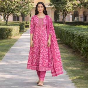 Pink printed sawa front view with dupatta set front view with dupatta