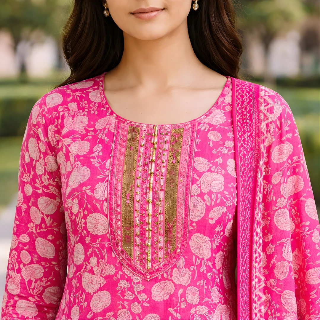 Pink printed kurta neckline detail with decorative buttons