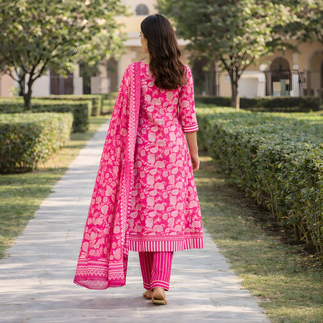 Pink printed salwar suit back view with matching dupatta