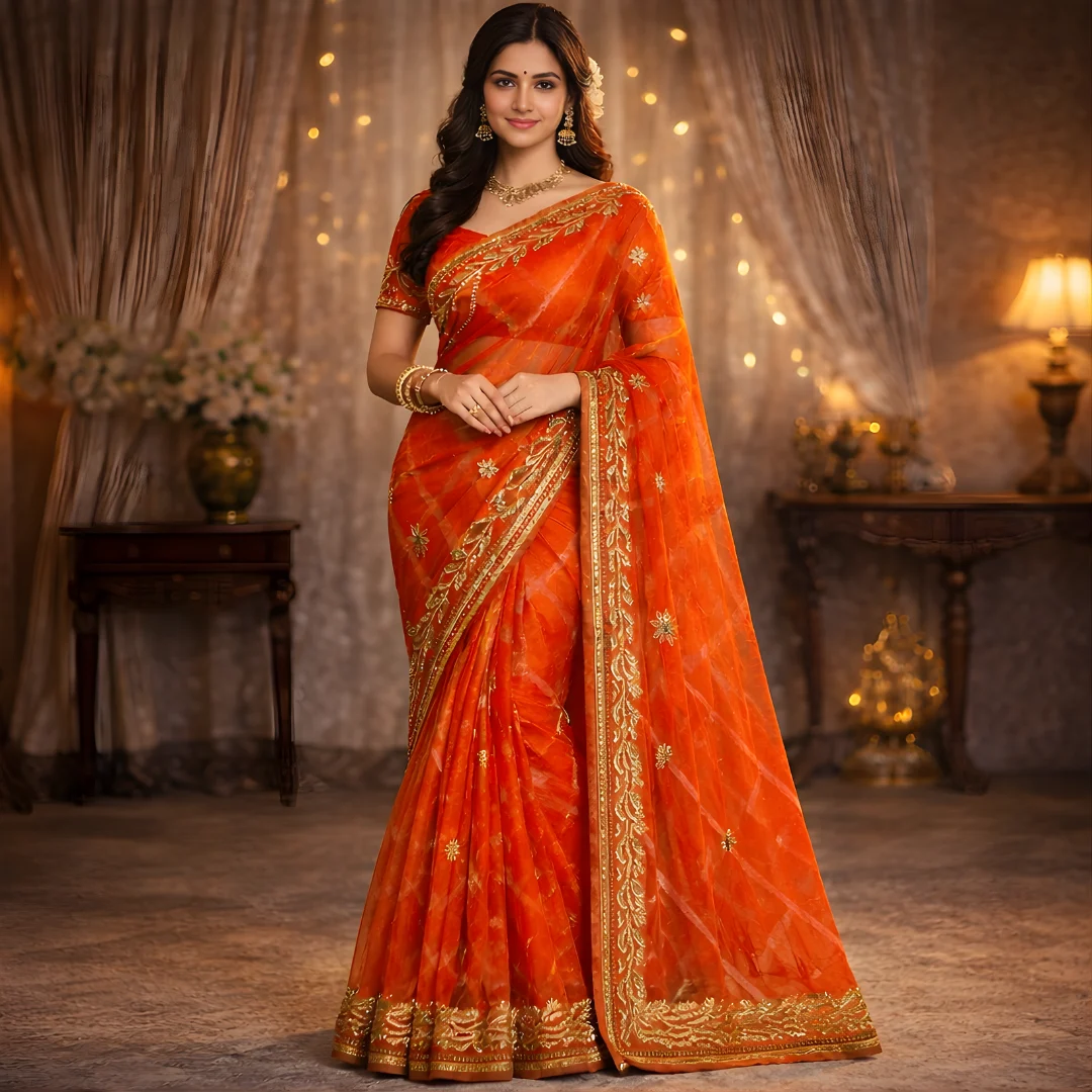Orange saree full front view with gold zari border and butti work
