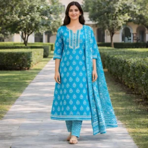 product-type-salwar-suit-set-set-includes-kurta-salwar-dupatta-fabric-100-cotton-color-blue-print-floral-block-print-neck-type-round-neck-with-embroidered-placket-sleeve-length-3-4th-sleeves