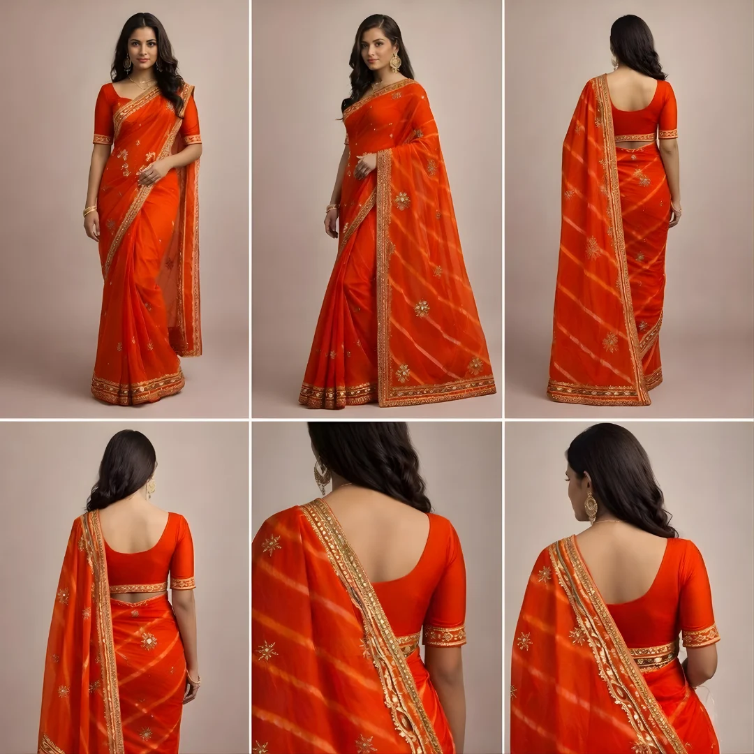 Orange saree close up showing gold zari border and blouse details