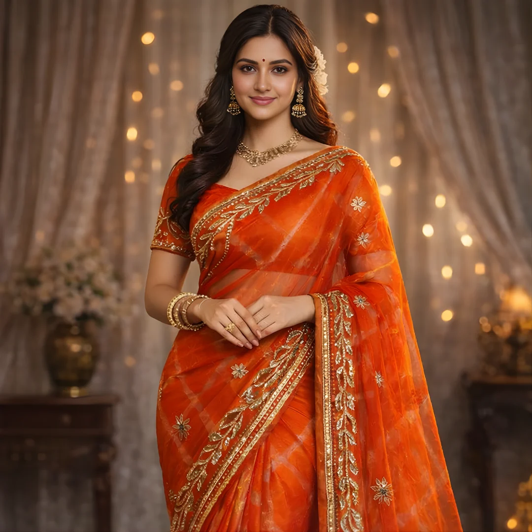 Orange saree close up showing gold zari border and blouse details
