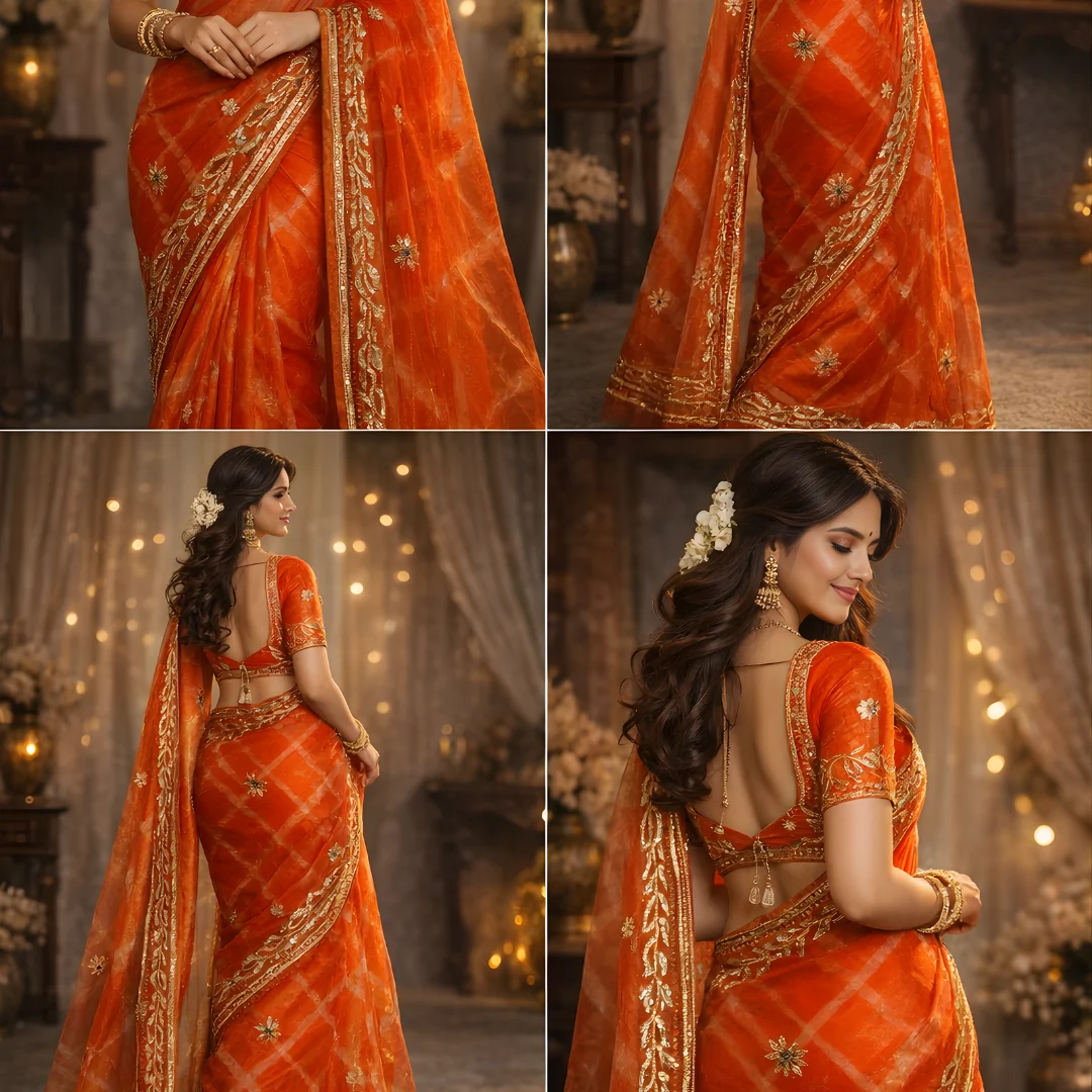Orange saree multiple views front side back collage with gold border
