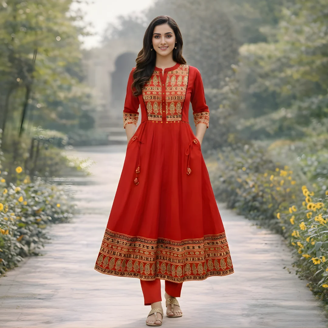 Red frock style salwar suit with printed dupatta for women
