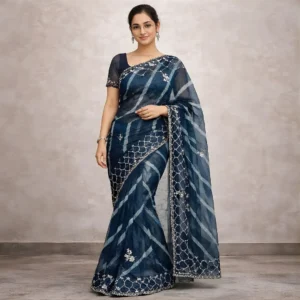 Navy blue saree full front view with diagonal stripes and embroidery