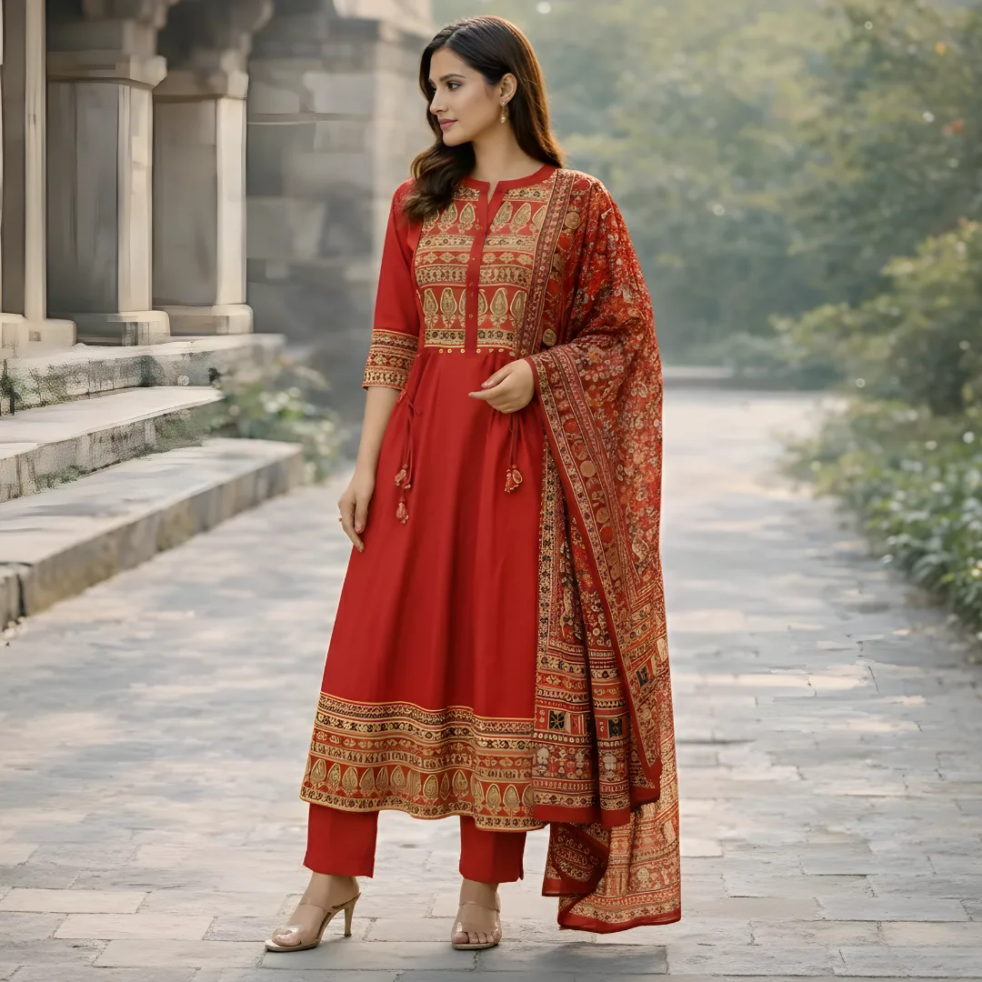 Red ethnic frock salwar suit full length view
