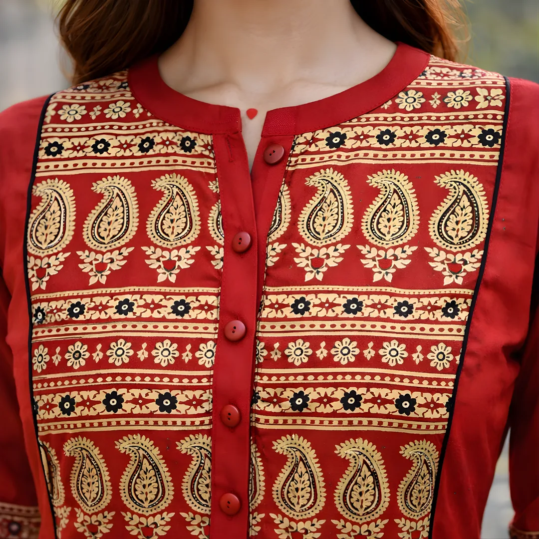Red frock suit printed yoke and neckline detail